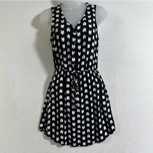 Mimi Chica Black White Cat Print Dress Sleeveless V-Neck Drawstring size Medium